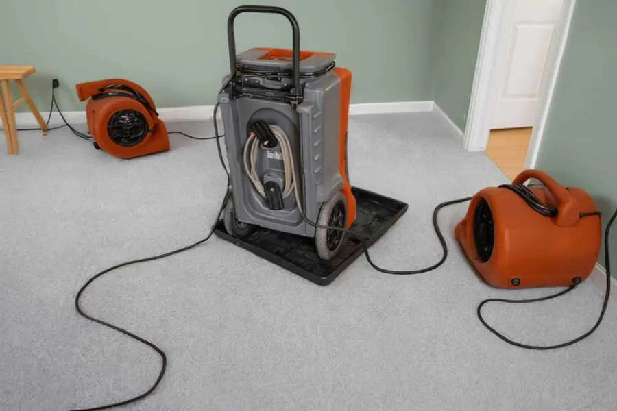 A dehumidifier running during structural drying in Palmetto, GA
